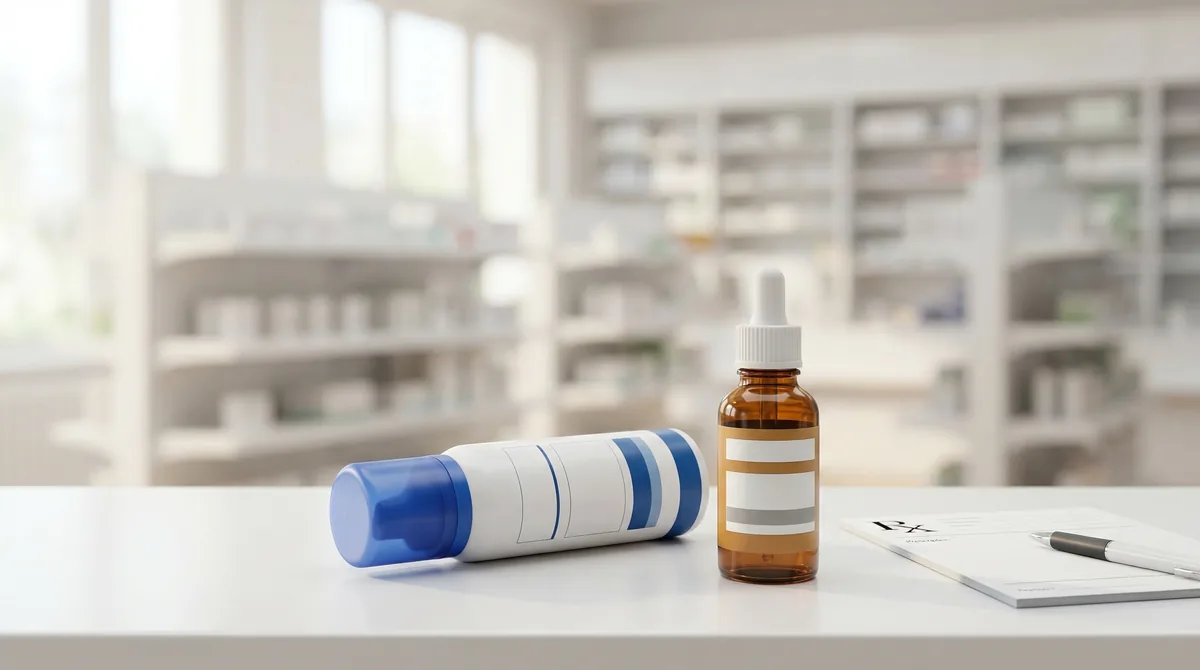 Minoxidil foam and solution bottles on pharmacy counter with prescription pad in Gulf pharmacy setting