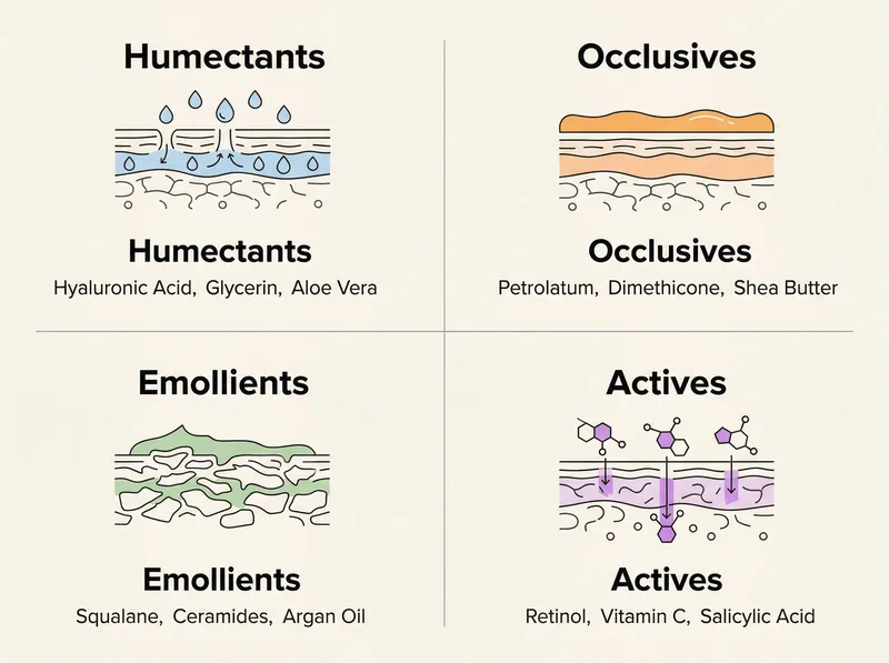 Educational infographic showing key moisturiser ingredients and their functions in hot climate conditions