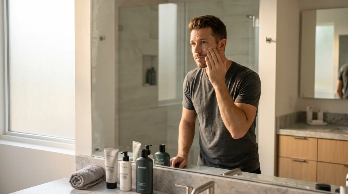 Man performing morning grooming routine in modern Gulf bathroom with visible humidity and natural light
