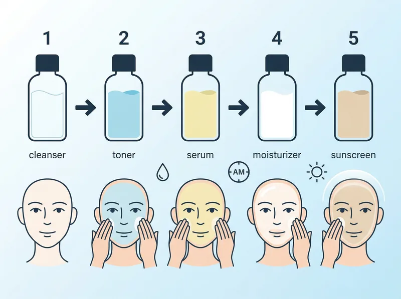 Visual guide showing correct product layering sequence for morning skincare in hot climates