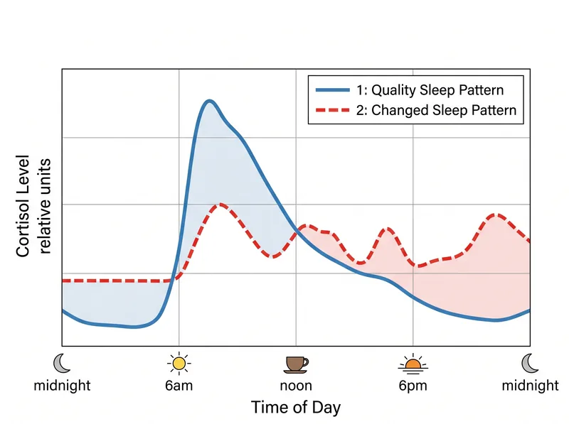 Graph showing cortisol levels over 24 hours comparing quality sleep versus changeed sleep patterns
