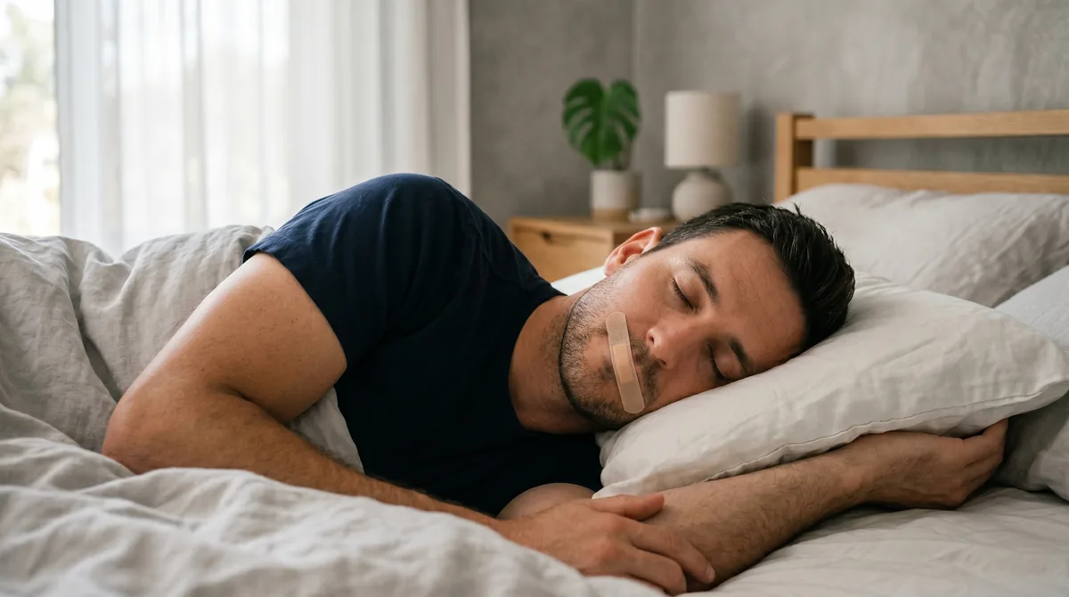 Man sleeping peacefully on side with gentle mouth tape, morning light through window, calm bedroom environment