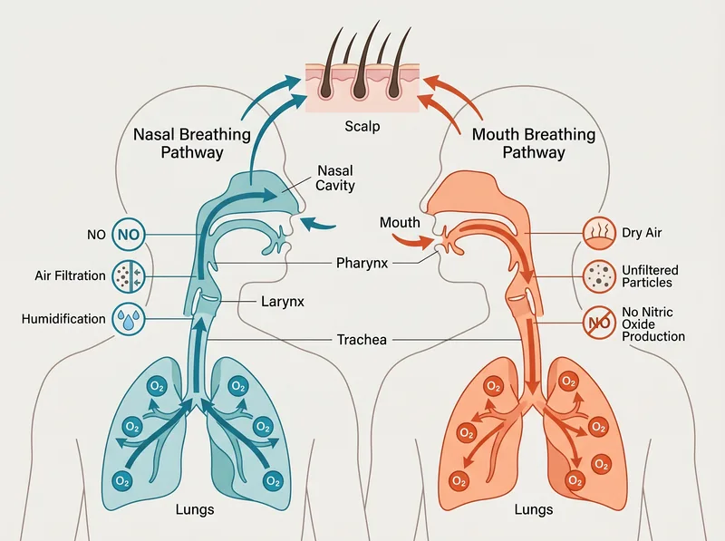 Anatomical diagram showing nasal breathing pathway versus mouth breathing, highlighting nitric oxide production and oxygen efficiency