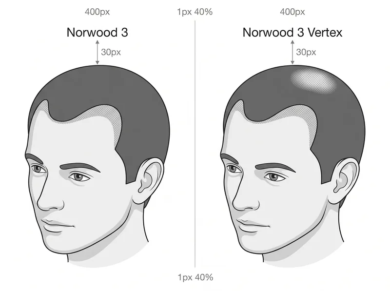 Side-by-side comparison showing Norwood 3 standard pattern with temple recession versus Norwood 3 Vertex pattern with additional crown thinning