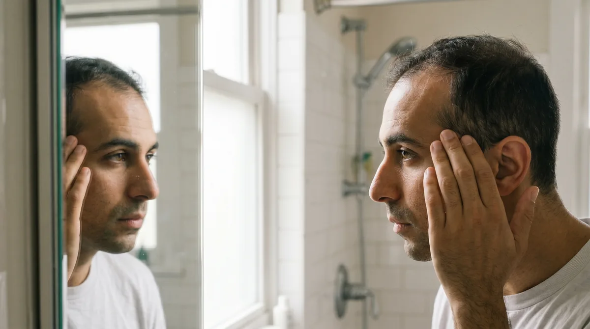 Close-up profile view of a man examining his hairline in a mirror, showing temple recession and crown thinning characteristic of Norwood scale progression