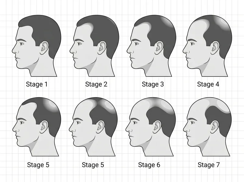 Educational diagram showing Norwood scale stages 1 through 7 with clear illustrations of progressive male pattern baldness from minimal recession to advanced crown balding