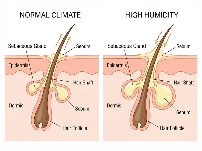 Educational diagram showing sebaceous gland and how humidity triggers excess oil production in scalp