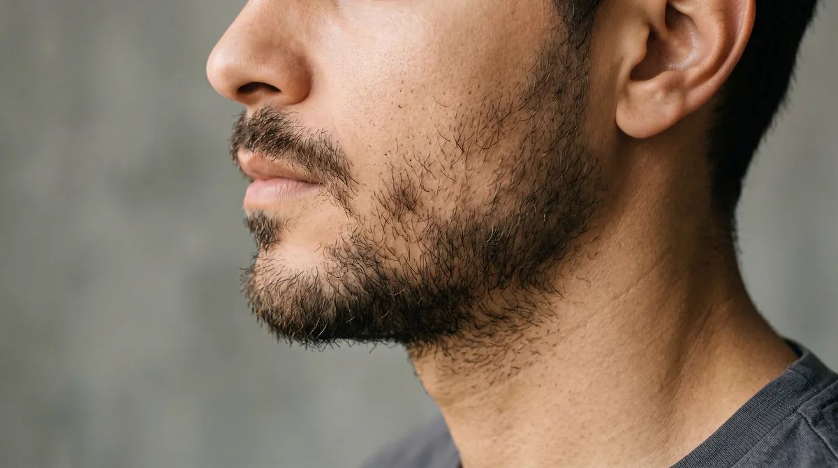 Close-up editorial photograph of male jawline showing patchy beard growth with visible gaps in facial hair coverage