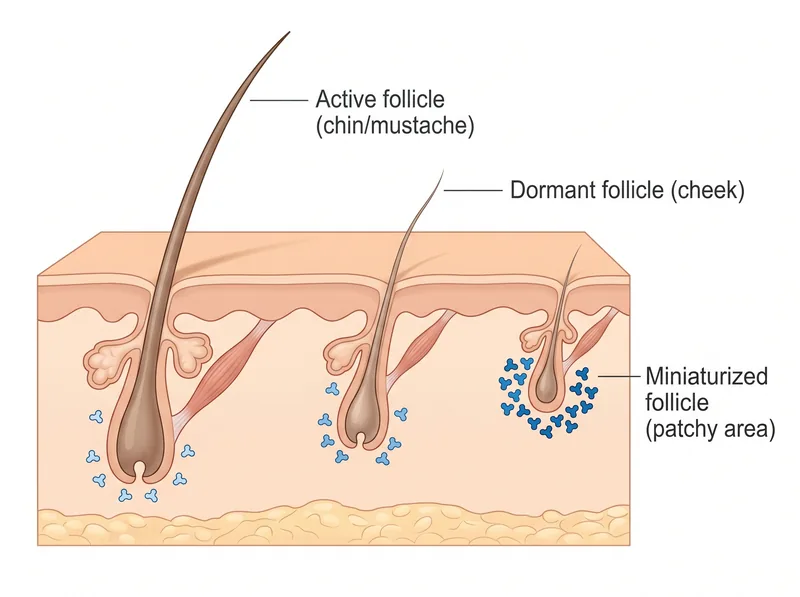 Educational diagram showing cross-section of facial hair follicles with DHT receptor sensitivity variations