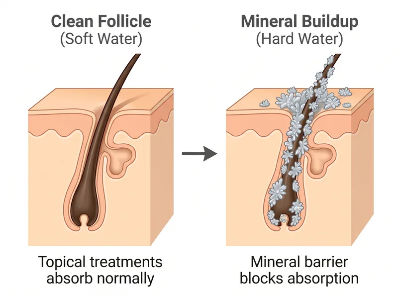 Comparison diagram showing clean beard follicle versus mineral-clogged follicle from hard water exposure