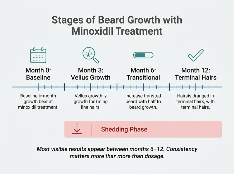 Timeline infographic showing realistic beard growth progression with minoxidil treatment over 12 months