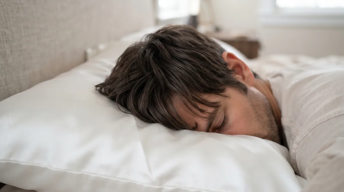 Close-up of man's head on white silk pillowcase showing hair strands against smooth fabric surface