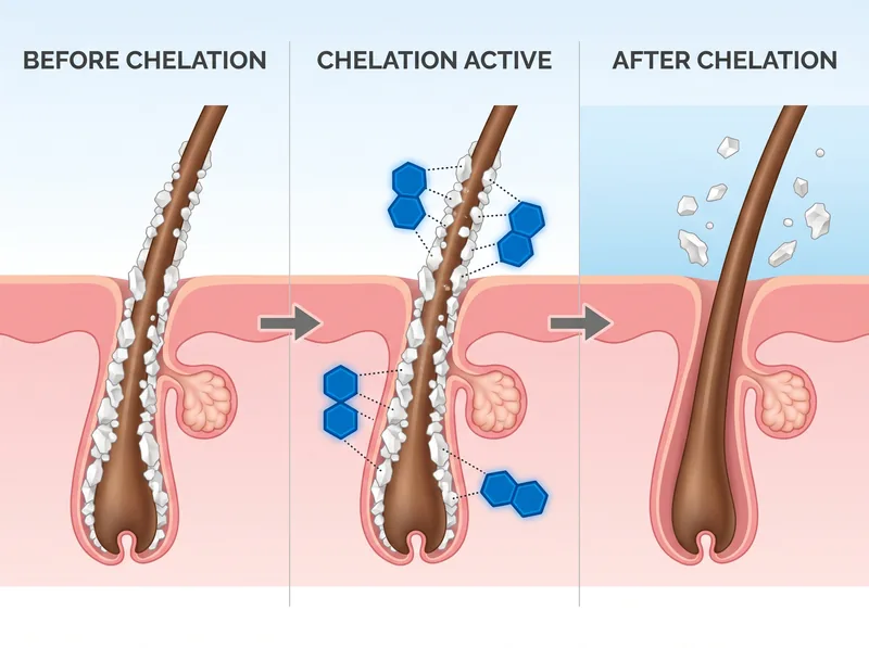 Infographic showing chelation process removing mineral buildup from hair follicles