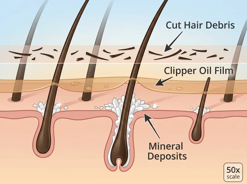 Educational diagram showing hair debris, mineral deposits, and product residue on scalp after haircut