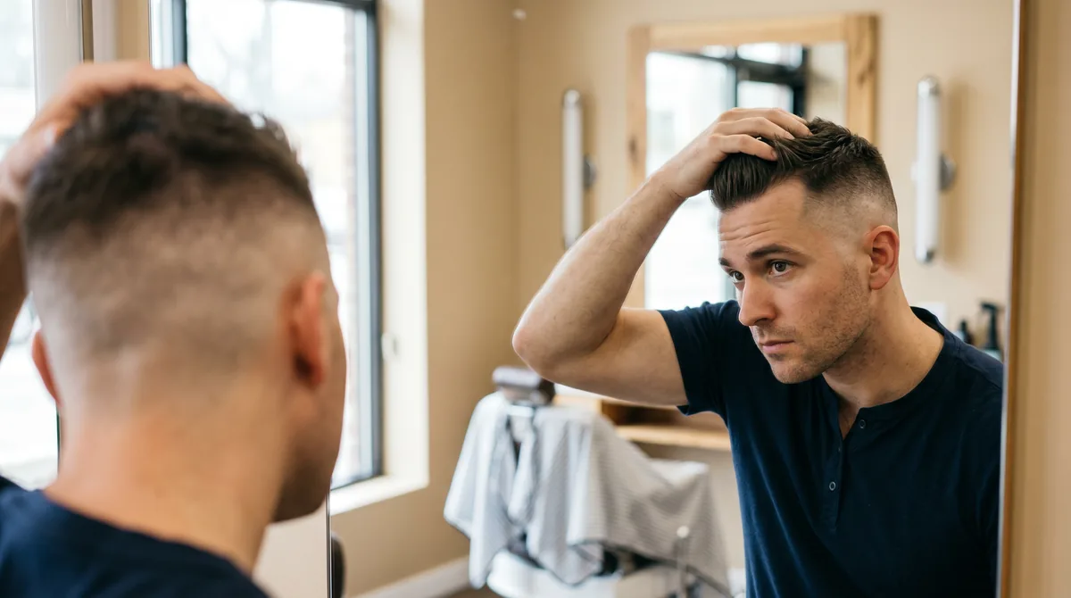 Man examining fresh haircut in mirror with visible scalp, professional barber setting with natural lighting