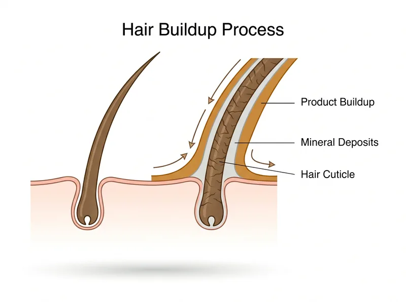 Educational diagram showing how styling product buildup combines with mineral deposits on hair and scalp