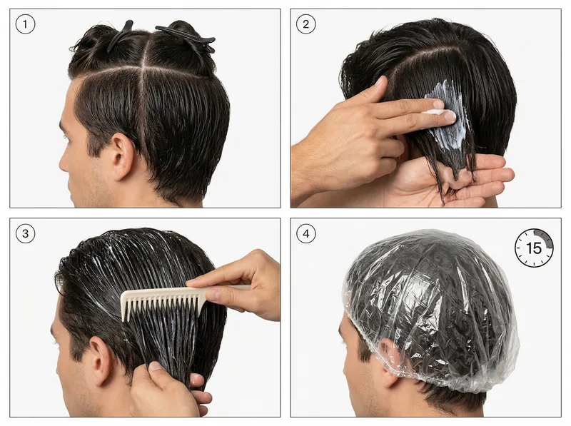 Step-by-step visual guide showing proper protein treatment application from roots to ends on male hair