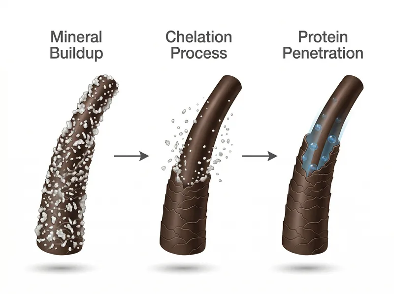 Educational diagram showing three-step sequence: mineral-coated hair strand, chelation removing minerals, then protein treatment penetrating clean hair