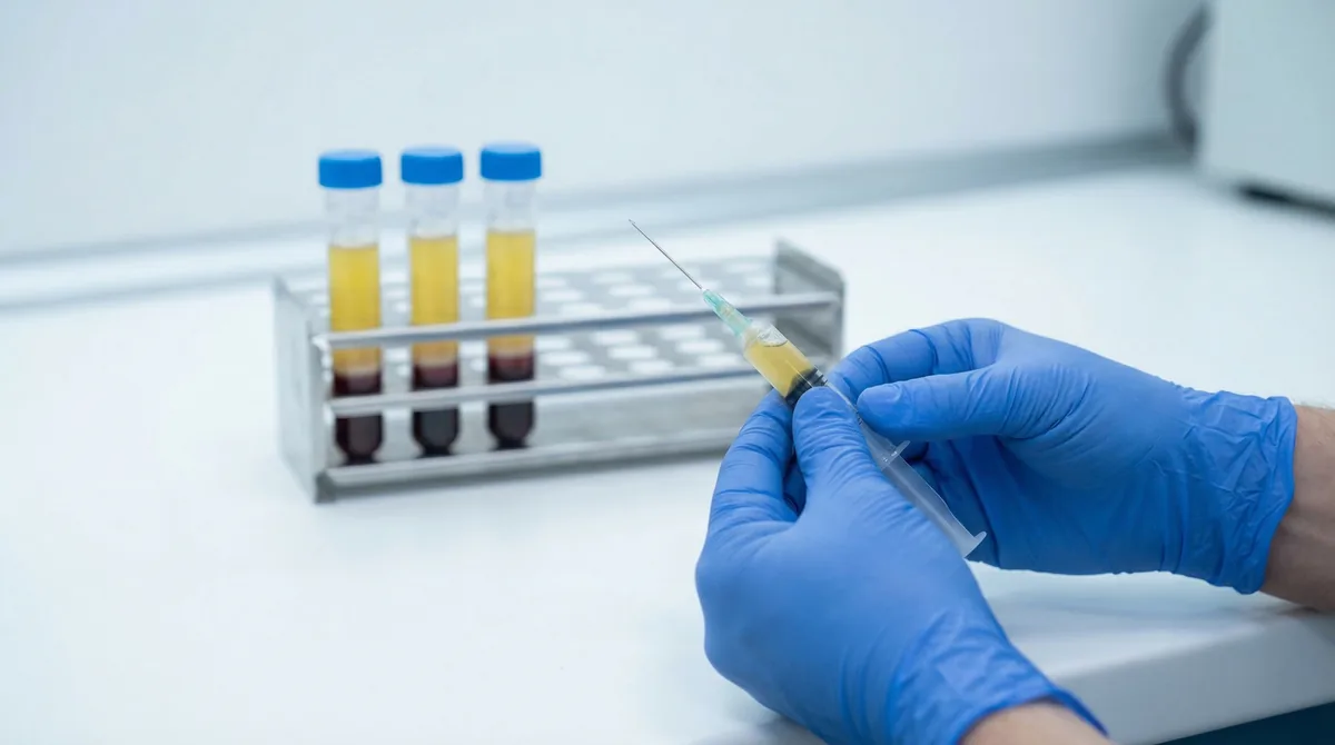 Close-up of medical professional's gloved hands preparing PRP injection syringe with centrifuged blood sample tubes visible in clinical setting