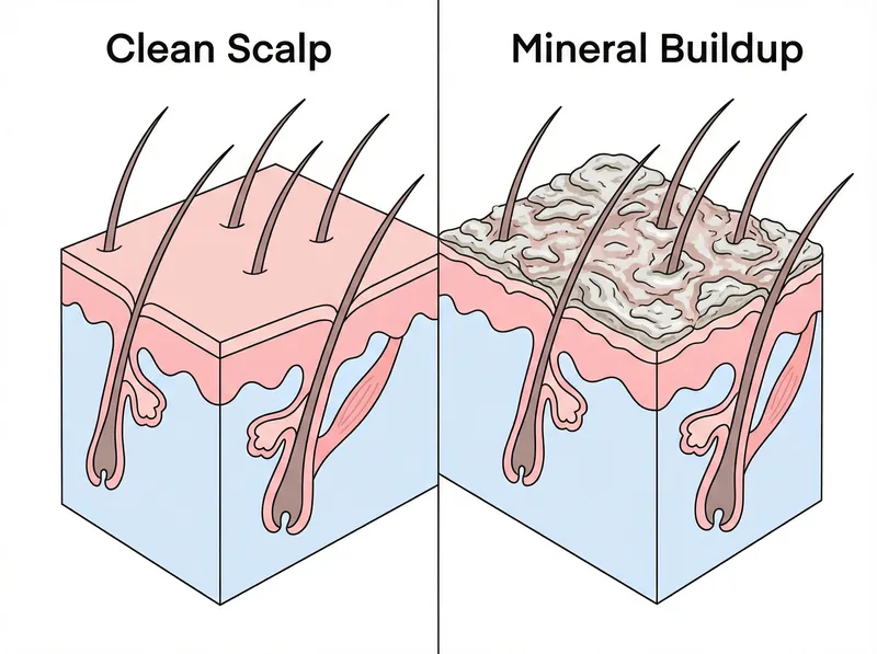 Side-by-side comparison showing clean scalp versus mineral buildup on scalp, illustrating importance of pre-treatment preparation