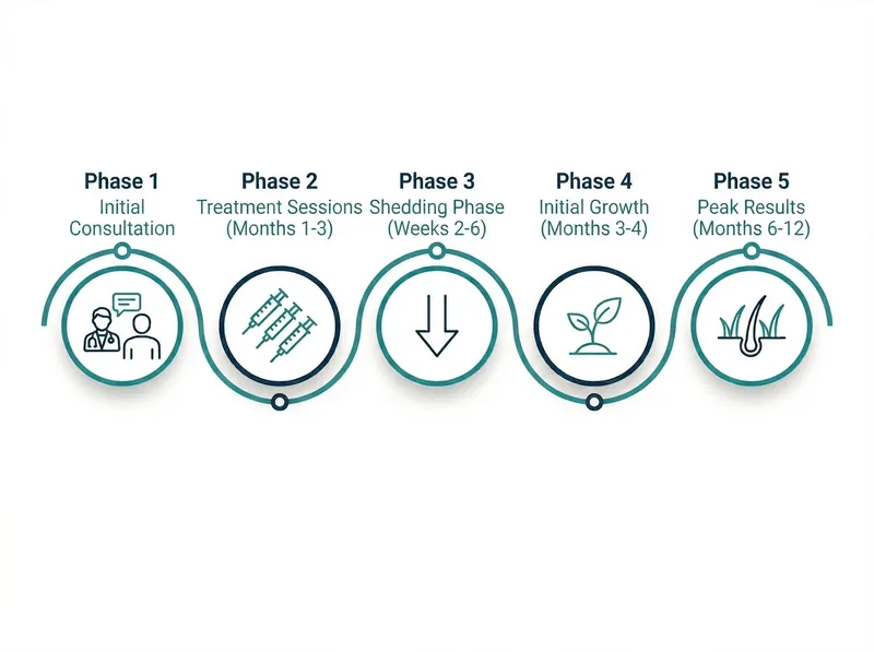 Visual timeline showing PRP hair treatment process from initial consultation through 12-month results with key milestones