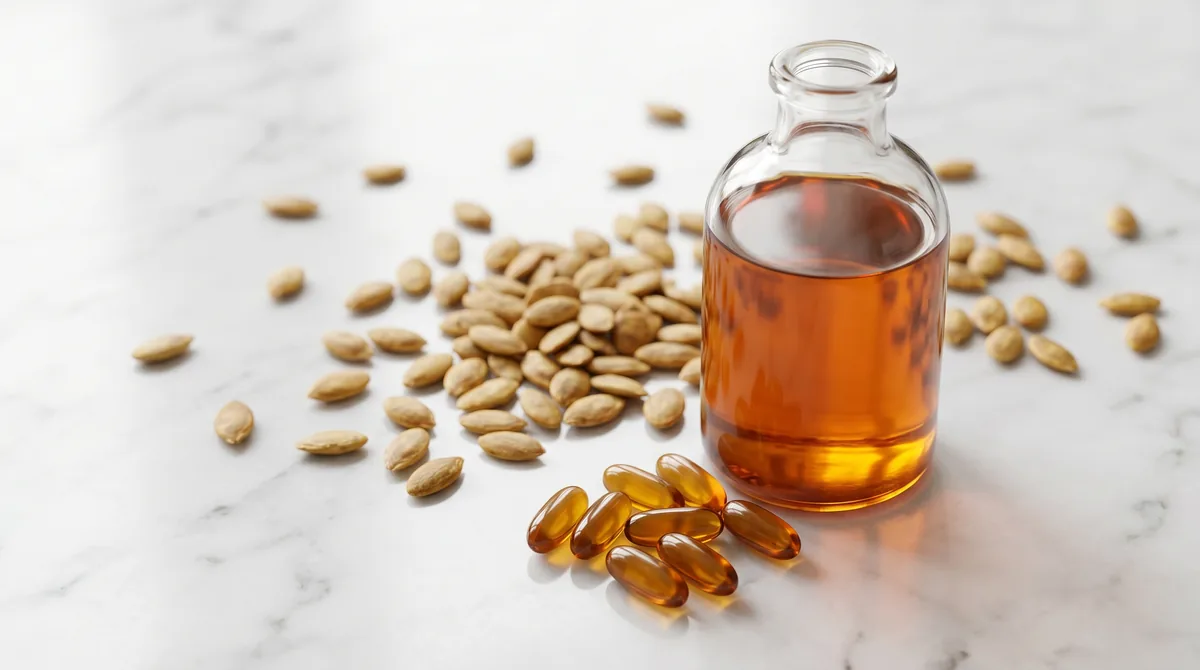 Pumpkin seeds and pumpkin seed oil capsules on a clean white surface with natural lighting