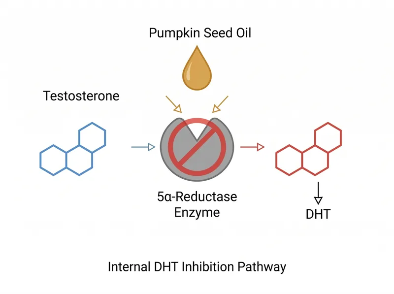 Scientific diagram showing how pumpkin seed oil inhibits 5-alpha reductase enzyme to reduce DHT production
