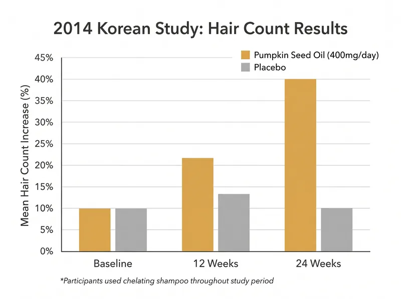 Bar chart comparing hair count increases between pumpkin seed oil group and placebo group from the 2014 Korean study