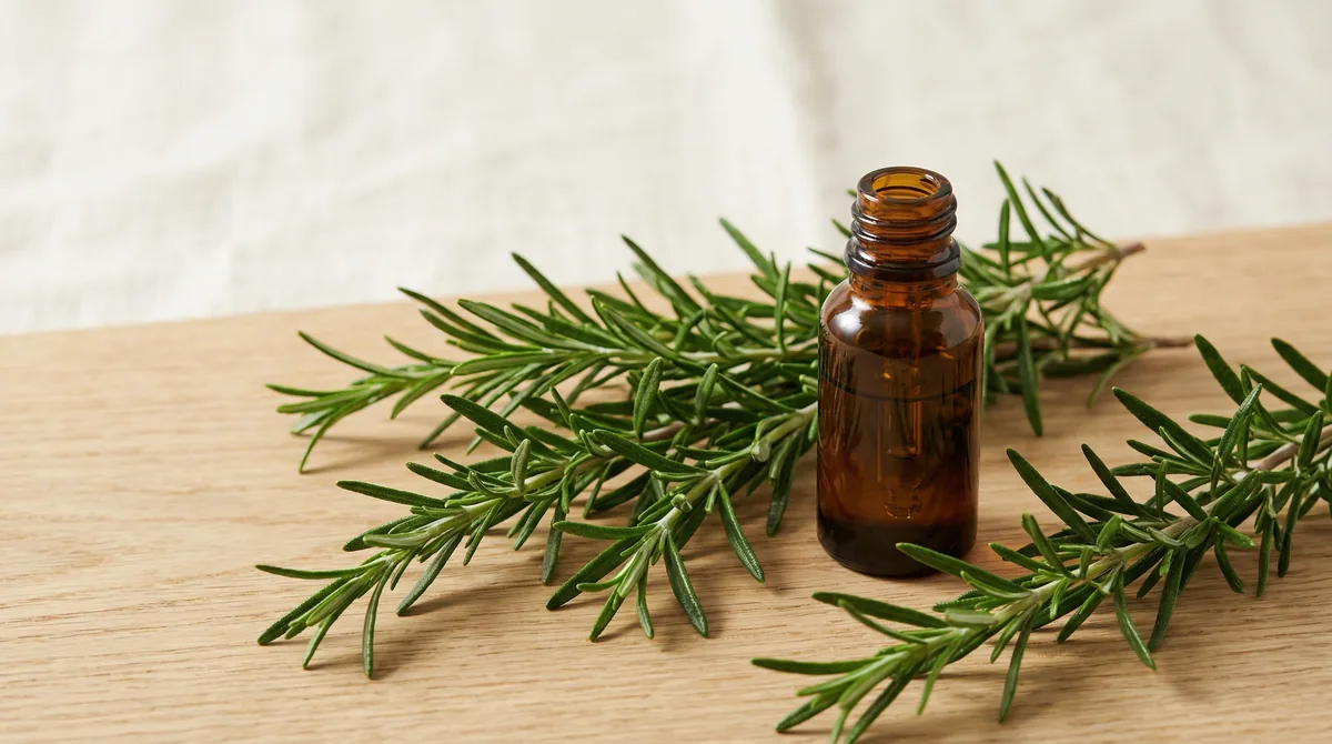 Fresh rosemary sprigs and essential oil bottle on natural wood surface with soft natural lighting