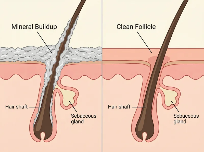 Comparison showing hair follicle blocked by mineral deposits versus clean follicle ready for treatment