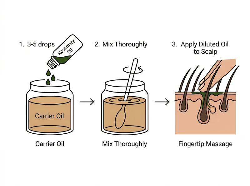 Educational diagram showing proper rosemary oil dilution and scalp application technique