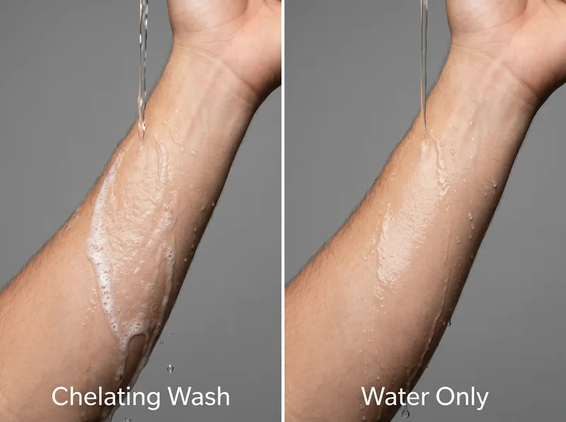 Side-by-side comparison of skin after sauna showing proper chelating wash versus water-only rinse with visible residue