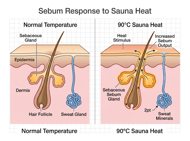 Scientific diagram showing sebaceous gland response to heat with increased sebum production at 90 degrees Celsius