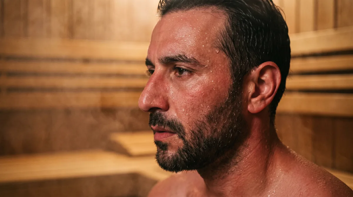 Close-up of man's face with visible sweat beads in sauna environment showing skin response to high heat