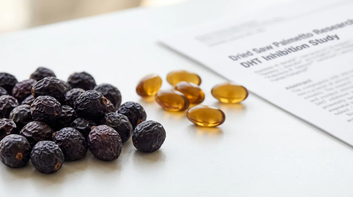 Saw palmetto berries and extract capsules on clean white surface with scientific research documents