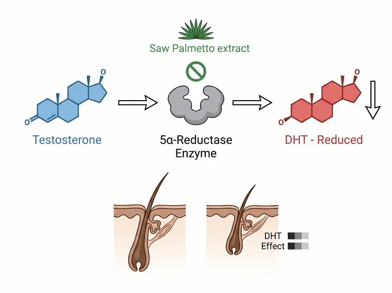 Scientific diagram showing how saw palmetto inhibits 5-alpha-reductase enzyme to block DHT conversion