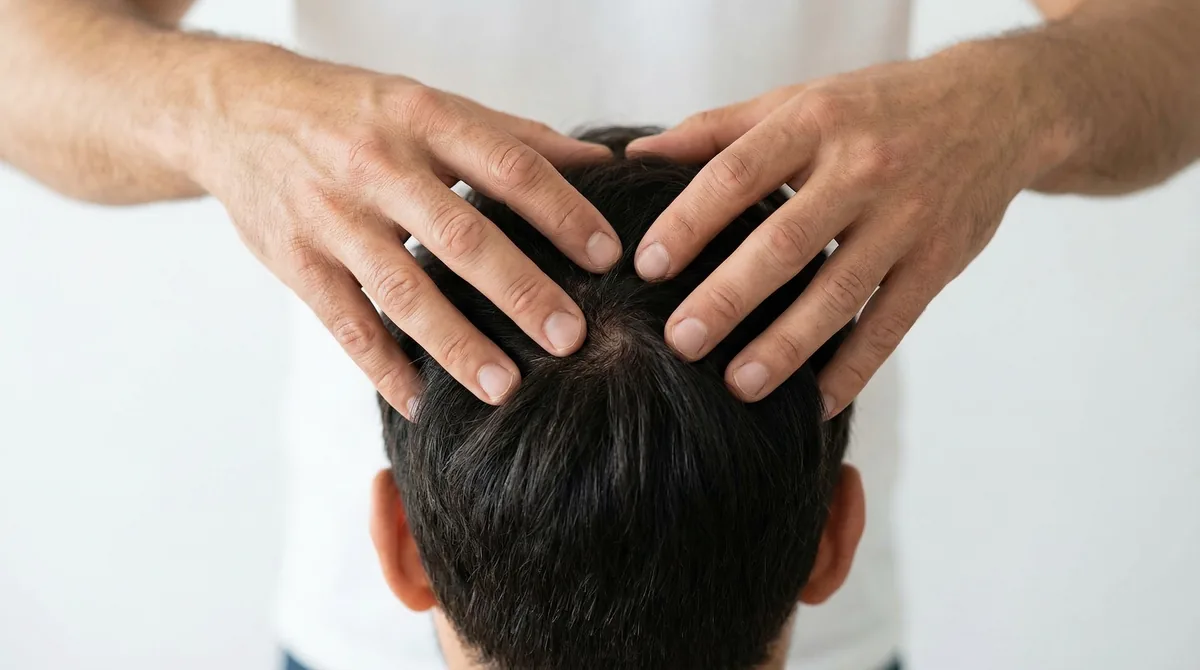 Close-up of hands performing scalp massage technique on male scalp with visible hair follicles