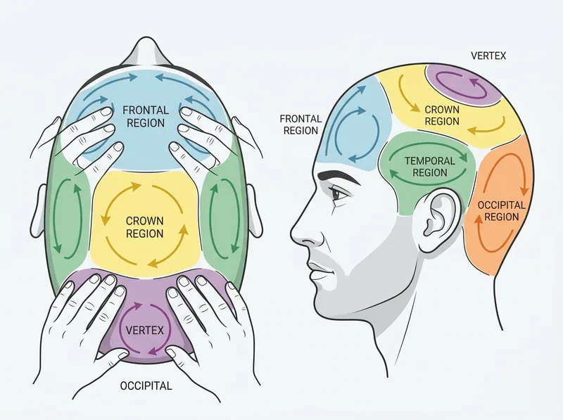 Diagram showing proper scalp massage zones and finger movement patterns