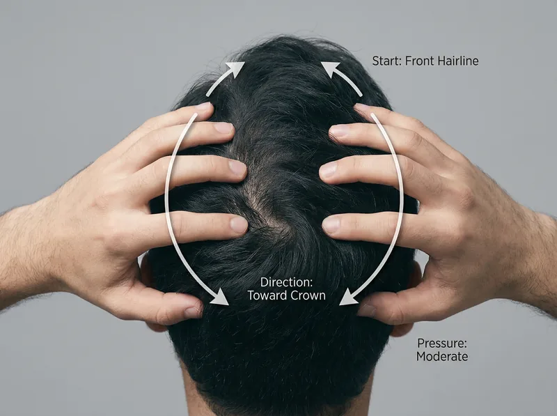 Overhead view of hands performing scalp massage technique with directional arrows