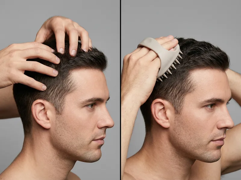 Side-by-side comparison of manual massage versus scalp massage tools on test subjects