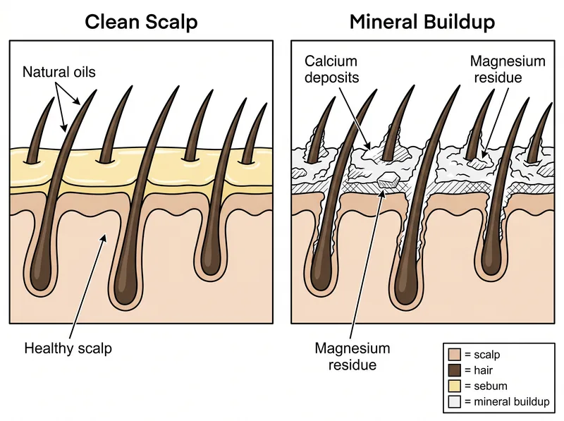 Side-by-side comparison diagram showing clean scalp versus scalp with mineral buildup on short fade hair