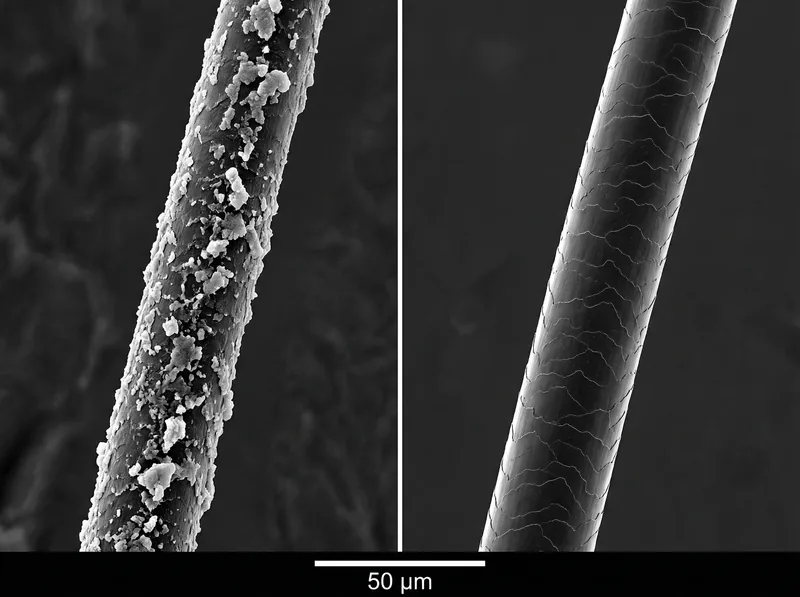 Side-by-side microscopic comparison showing hair shaft with mineral buildup versus clean hair shaft after scrub treatment