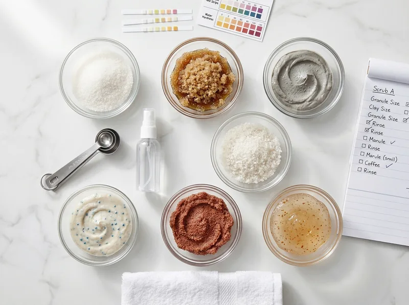 Testing setup showing seven different scalp scrub products arranged with water hardness testing strips and documentation