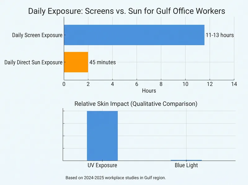 Data visualization showing average daily screen exposure hours compared to outdoor UV exposure for Gulf office workers