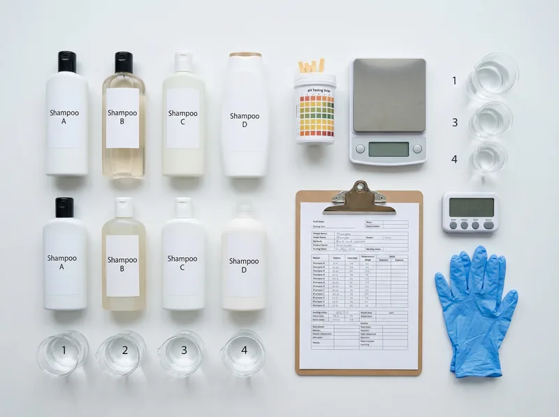 Testing setup showing shampoo bottles, pH testing strips, and documentation materials on laboratory-style surface