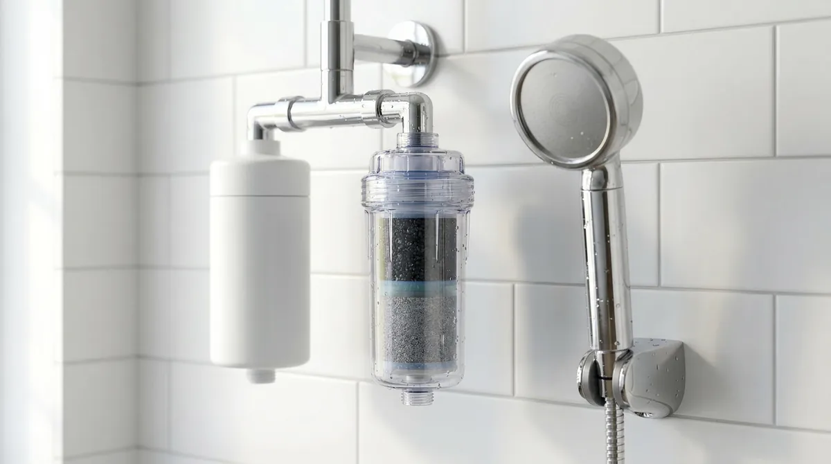 Three shower filters mounted on bathroom wall being tested for hard water filtration effectiveness