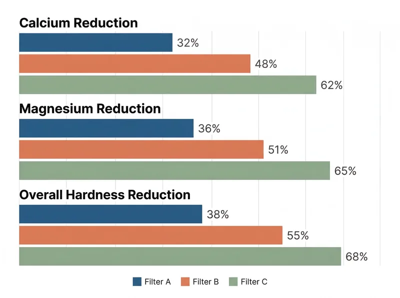Laboratory test results comparing mineral reduction rates across three shower filter models
