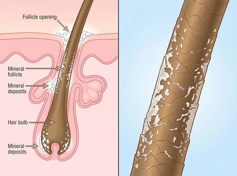 Microscopic view showing mineral deposits on hair shaft and scalp surface from hard water exposure