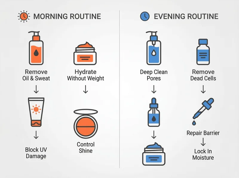Side-by-side comparison diagram of morning versus evening skincare routines for hot climates