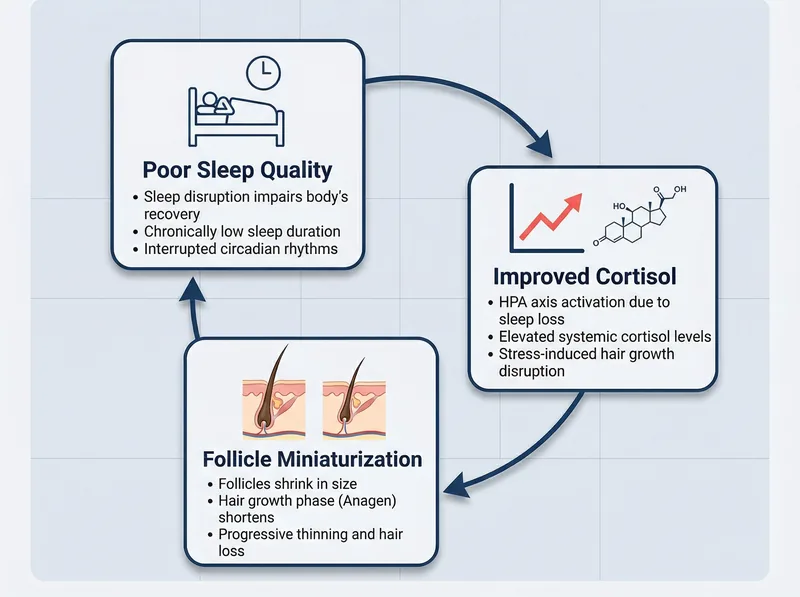 Infographic showing the relationship between poor sleep, improved cortisol, and hair follicle miniaturization